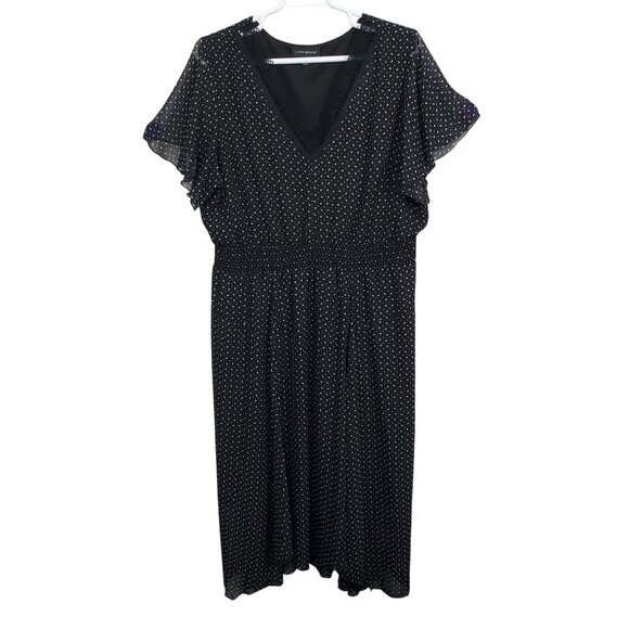 Lane Bryant 26 28 Dress Chiffon Polka Dot Maxi Flutter Sleeve Smocked Waist Lace - Picture 2 of 14